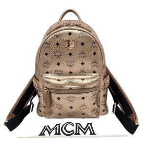 Authentic MCM Visetos Pattern Leather Pink Gold Studded Backpack